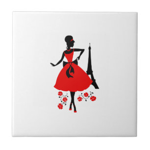 Carreau Silhouette rouge noir de femme rétro avec la tour 