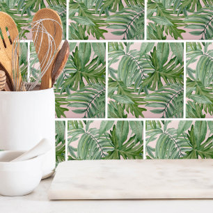 Carreau Simple moderne Pink Palm Leaf Tropical Floral