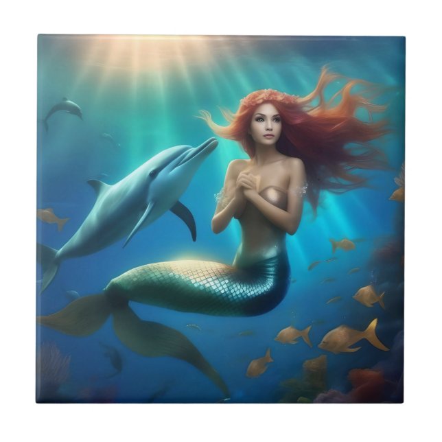 Carreau Sirène Angélique Nageant Avec Dauphins, (Devant)