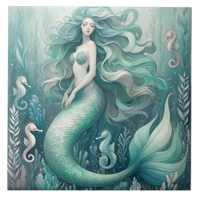 Carreau Sirène et Cheval de mer - Carrelage océanique en c (Devant)