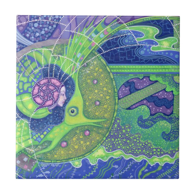 Carreau Sirène & poisson, imaginaire sous-marin, art nauti (Devant)