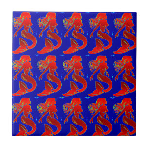 Carreau sirènes rouges sur tuiles bleues