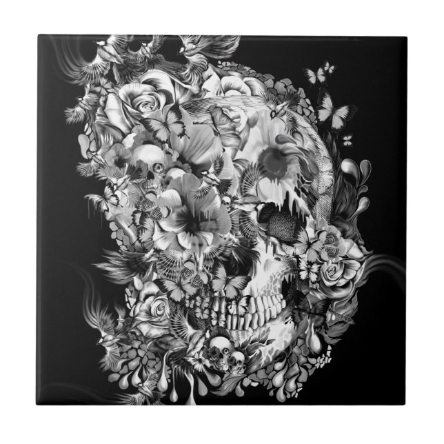 Carreau Snowbirds, crâne fait d'oiseaux et fleurs (Devant)