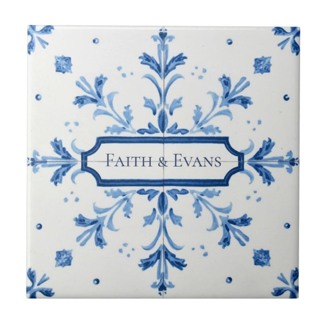 Carreau Snowflake pattern blue & white holiday custom name (Devant)
