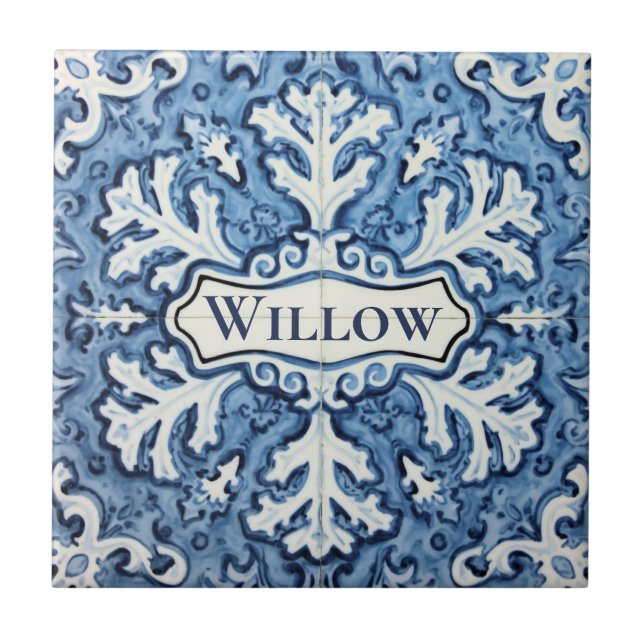 Carreau Snowflake pattern blue & white holiday custom name (Devant)