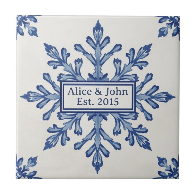 Carreau Snowflake pattern blue & white holiday custom name (Devant)
