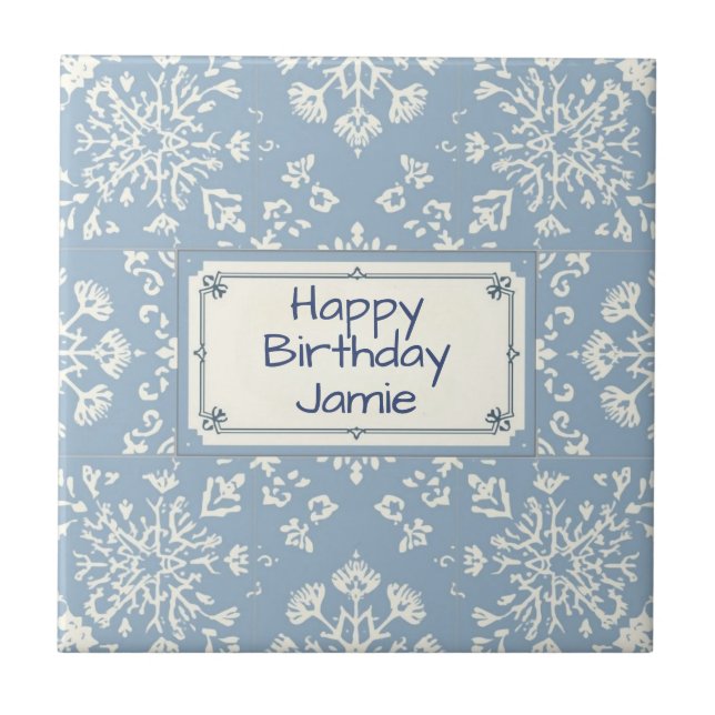 Carreau Snowflake pattern blue & white holiday custom name (Devant)