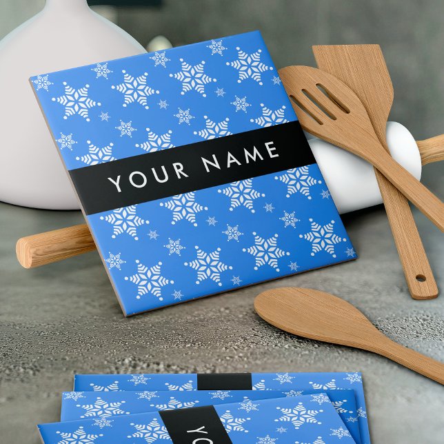 Carreau Snowflakes blanc, Bleu, Votre nom, Personnaliser (Créateur téléchargé)
