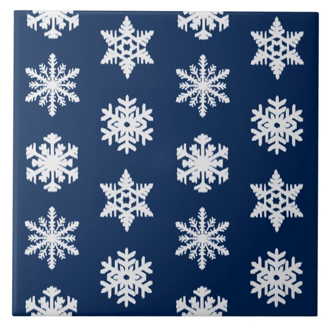 Carreau Snowflakes Ikat - Blanc et Bleu Marine (Devant)