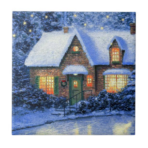 Carreau Snowy Village Scène Peinture Cadeau de Noël