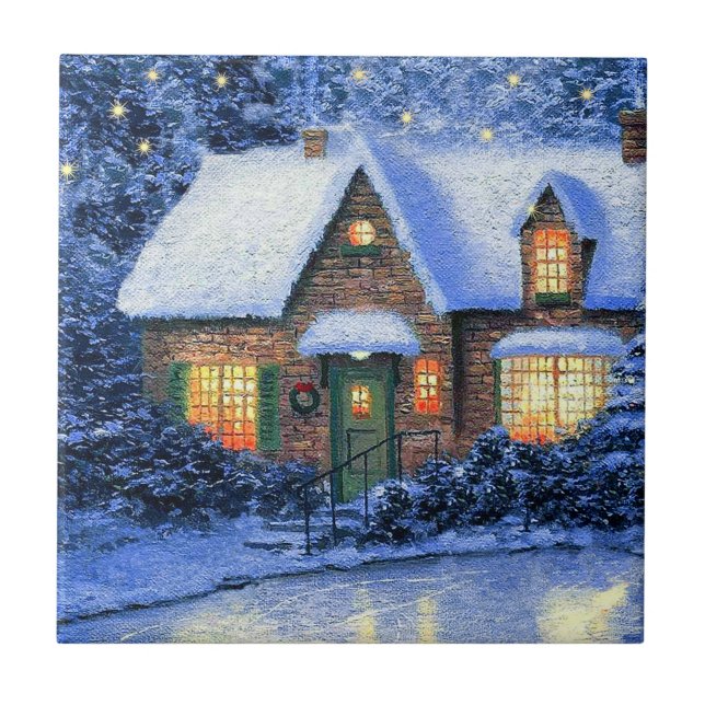 Carreau Snowy Village Scène Peinture Cadeau de Noël (Devant)