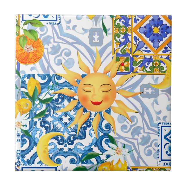 Carreau soleil méditerranéen, fleurs, citron, moitié lune, (Devant)
