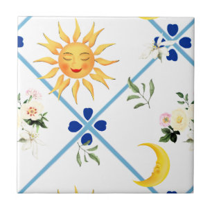 Carreau soleil méditerranéen, fleurs, moitié lune,