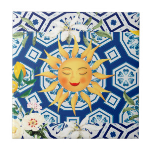 Carreau soleil méditerranéen, fleurs, moitié lune,