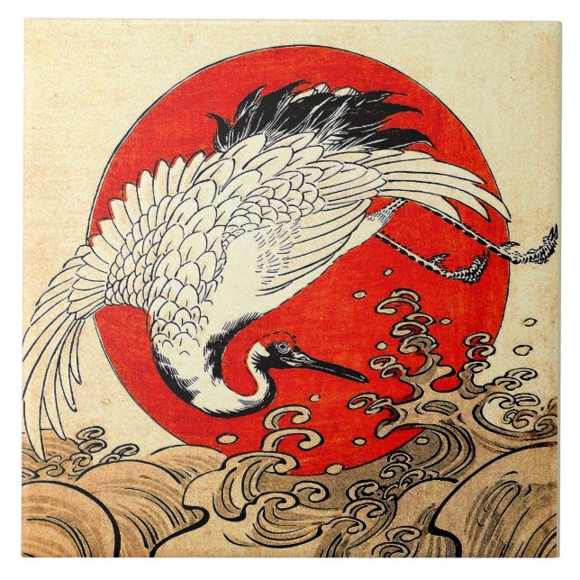 CARREAU SOLEIL ROUGE, CRANE DE VOL JAPONAISE ET VAGUES MAR (Devant)