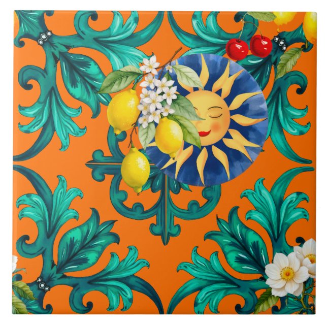 Carreau soleil sicilien, été, citron, mosaïque, bleu, (Devant)