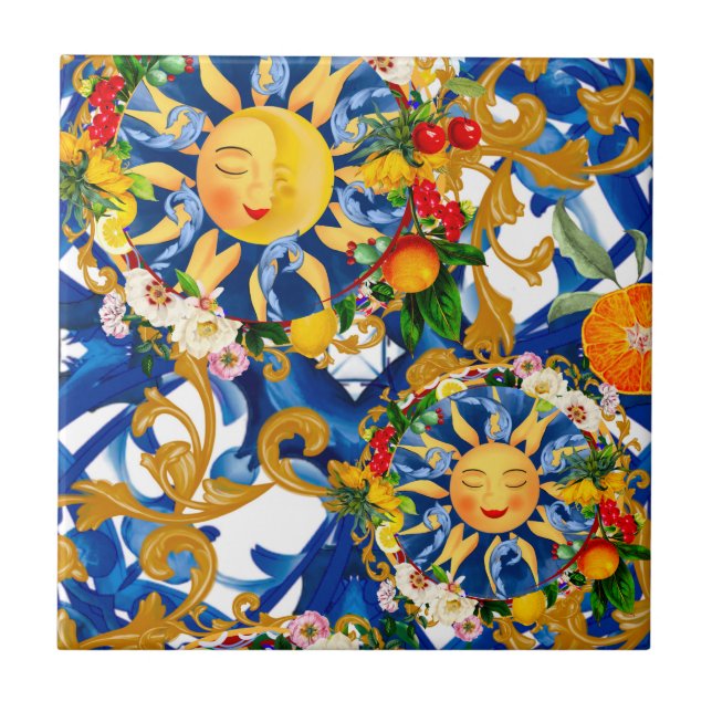 Carreau soleil sicilien, moitié lune, été, majolica, citro (Devant)