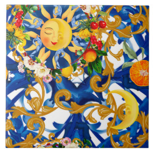 Carreau soleil sicilien, moitié lune, été, majolica, citro
