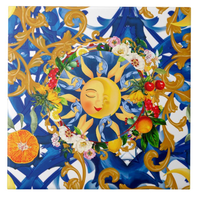 Carreau soleil sicilien, moitié lune, été, majolica, citro (Devant)