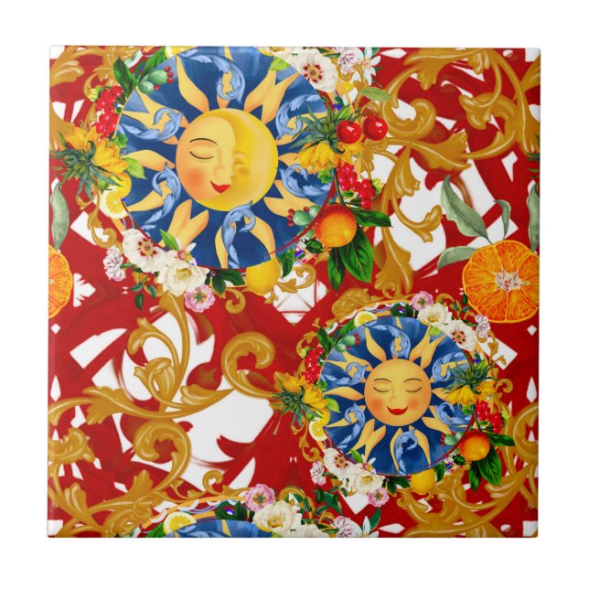 Carreau soleil sicilien, moitié lune, été, majolica, citro (Devant)
