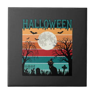 Carreau Sorcière de Halloween Chat Toile d'araignée Lune C
