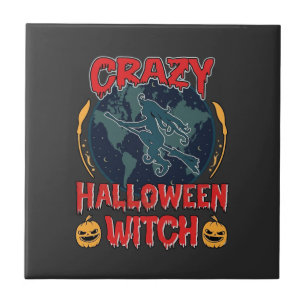Carreau Sorcière de Halloween fou Citrouille Volant Lune N