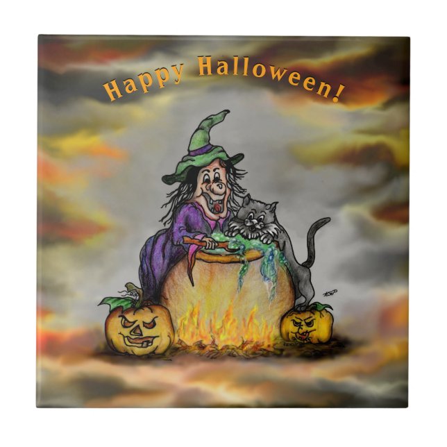 Carreau Sorcière et chat noir, Happy Halloween ! (Devant)