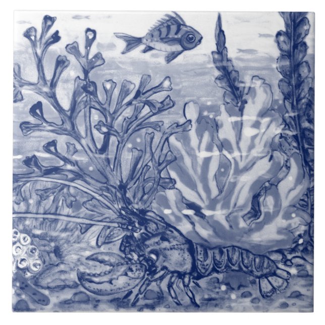 Carreau Sous la mer Bleu foncé Océan scénique Homard Mural (Devant)