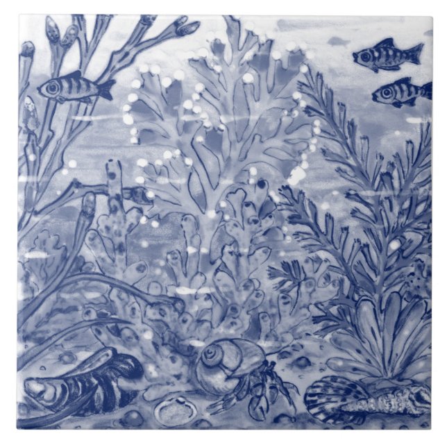 Carreau Sous la mer bleu foncé Scène Crabe Mural Pc#7 Ce (Devant)