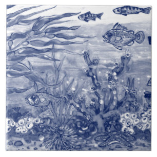 Carreau Sous Mer bleu foncé Océan scénique Poisson Mural P