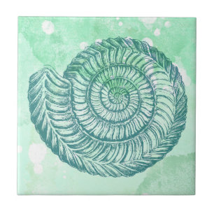 Carreau Spirale de coquillages bleus de plage à l'aquarell