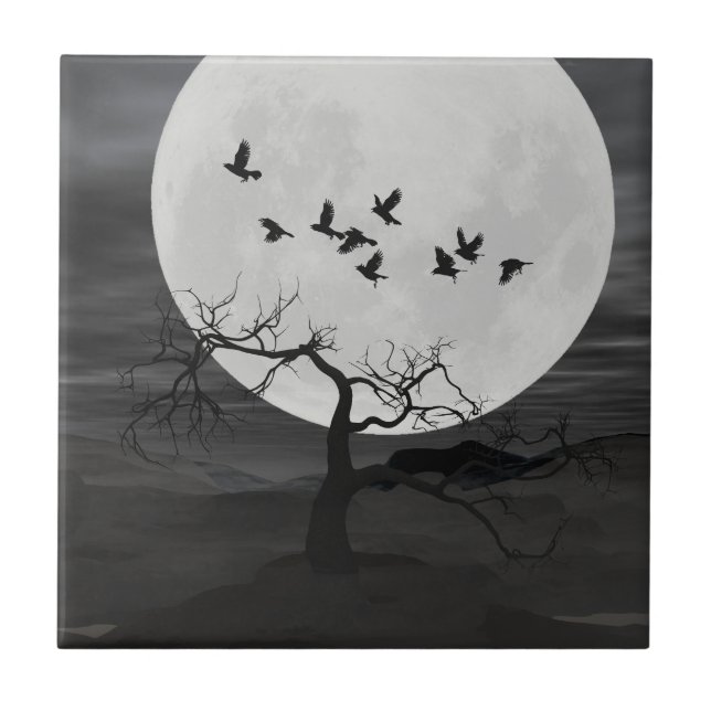 Carreau Spooky Ravens Flying Against the Full Moon (Devant)