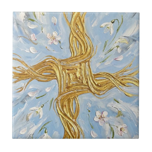 Carreau St Brigid's Cross Snowdrops Golden Imbolc Art (Devant)
