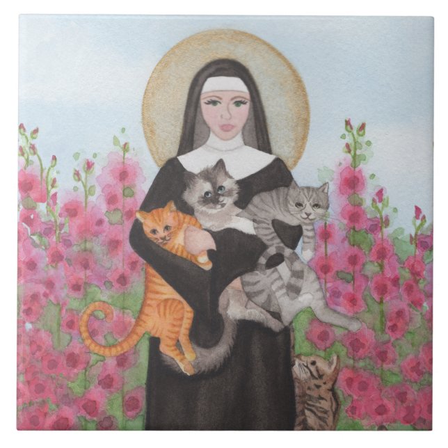 Carreau St Gertrude Patron de Chats Aquarelle en céramique (Devant)