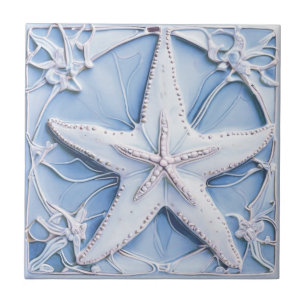 Carreau Starfish Sea Star Blue Art Nouveau Faux Relief