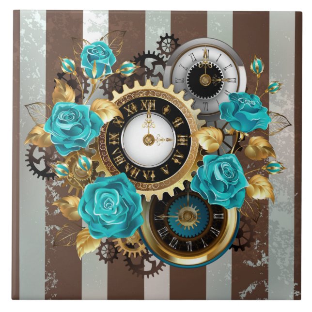 Carreau Steampunk Clock and Turquoise Roses on Striped (Devant)