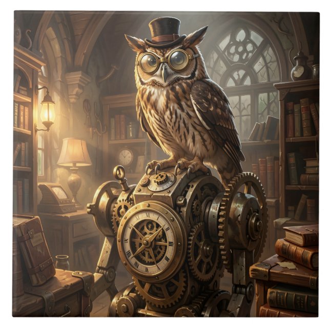 Carreau steampunk owl clockwork art tile (Devant)