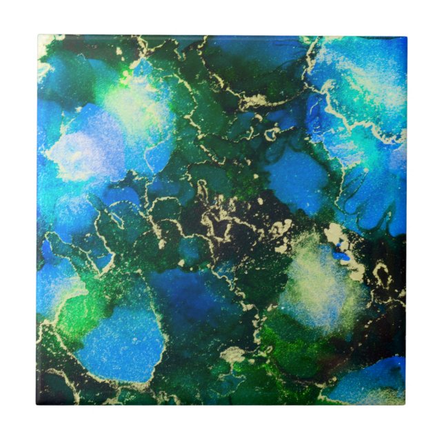 Carreau Stunning Blue and Gold Alcohol Ink Painting (Devant)