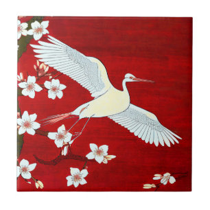 Carreau Style Art Japonais Grue blanche Cerisier Fleur Rou