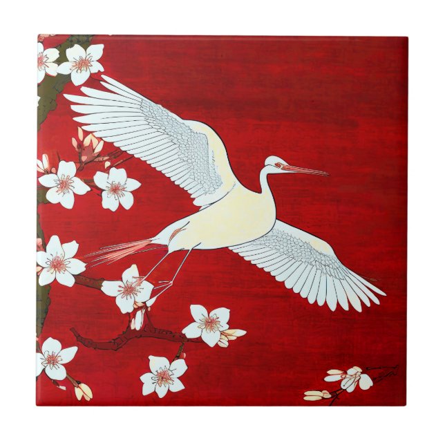 Carreau Style Art Japonais Grue blanche Cerisier Fleur Rou (Devant)