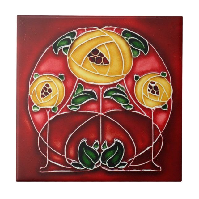 Carreau Style Art Nouveau Céramique jaune et rouge (Devant)