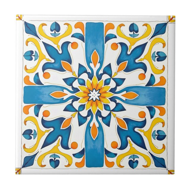 Carreau style italien, méditerranéen, mosaïque, bleu, (Devant)