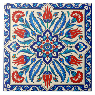 Carreau Style Ottoman Bleu Motif Tulipe Rouge