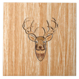 Carreau Style White Tail Deer Head Light Wood Grain Déco