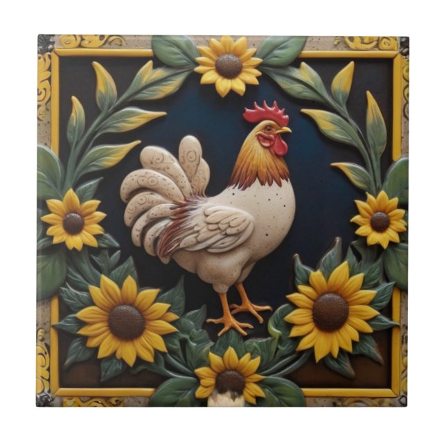 Carreau Sunflower Chicken - Brown Hen & Yellow Sunflowers (Devant)