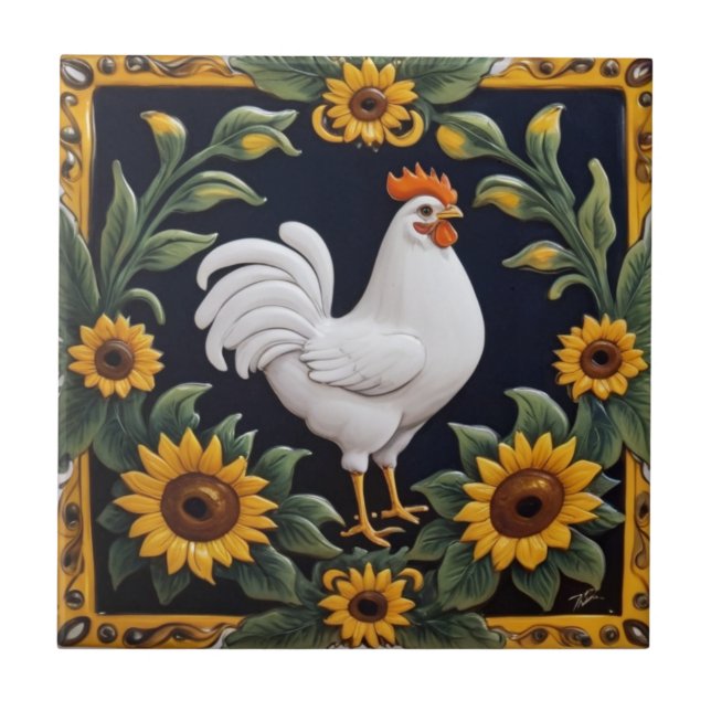 Carreau Sunflower Chicken - White Hen & Yellow Sunflowers (Devant)