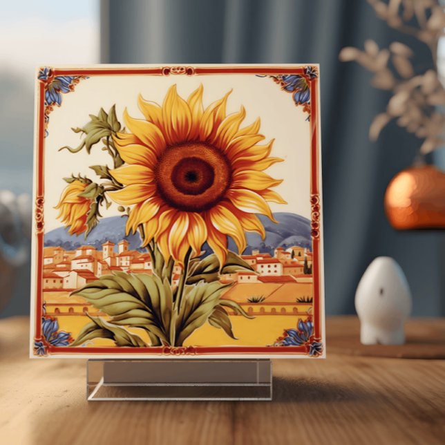 Carreau Sunflower méditerranéenne (Image depicts a ceramic tile with an illustration of a sunflower in a Mediterranean setting)