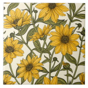 Carreau Sunroot, tournesol sauvage sur blanc