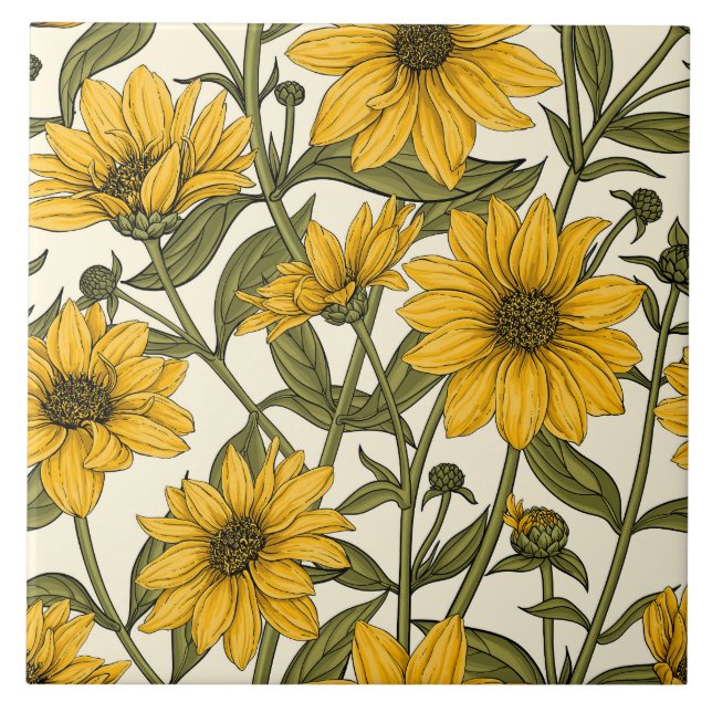 Carreau Sunroot, tournesol sauvage sur blanc (Devant)