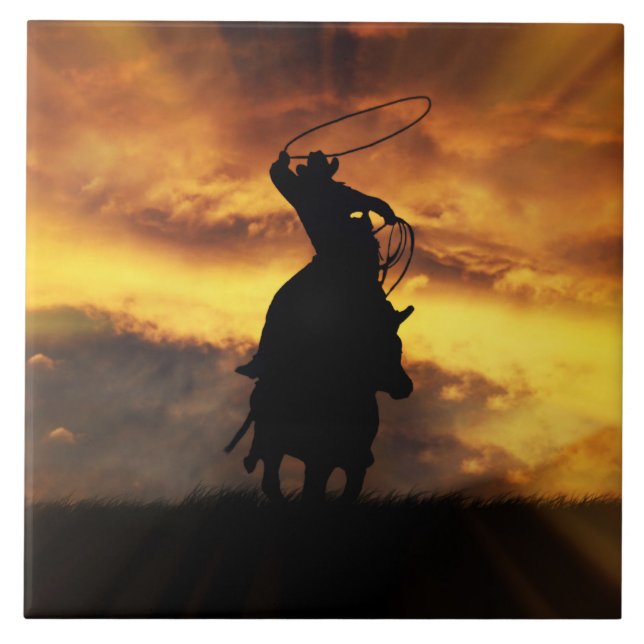 Carreau Super Cool Cowboy Steer Roping avec coucher de sol (Devant)